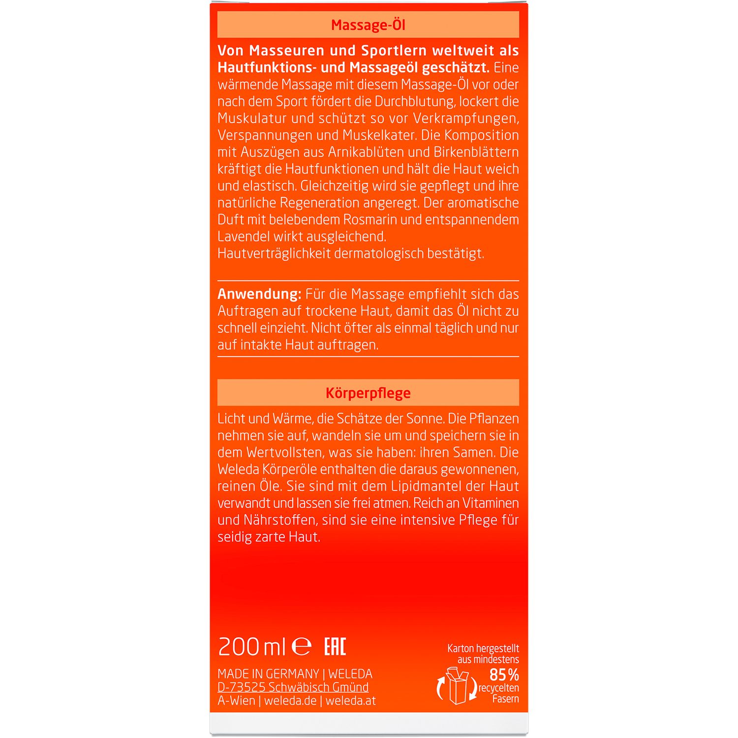 Retro della confezione. Testo in tedesco. Informazioni su ingredienti, uso e produttore.