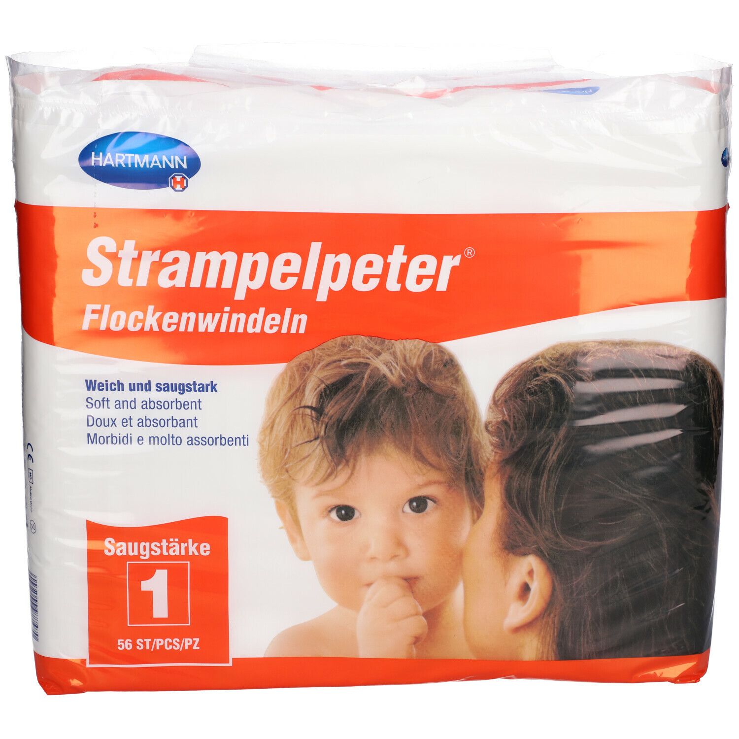 Confezione di pannolini Hartmann Strampelpeter. Illustrazione di bambino. Assorbenza 1. 56 pezzi.