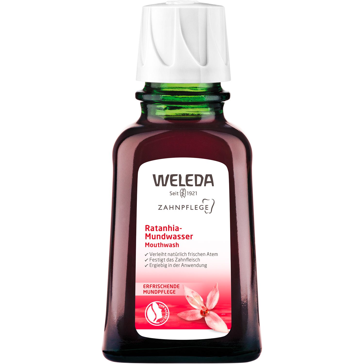 Flacone di vetro marrone con tappo bianco. Scritta: WELEDA, collutorio. Prodotto per l'igiene orale.