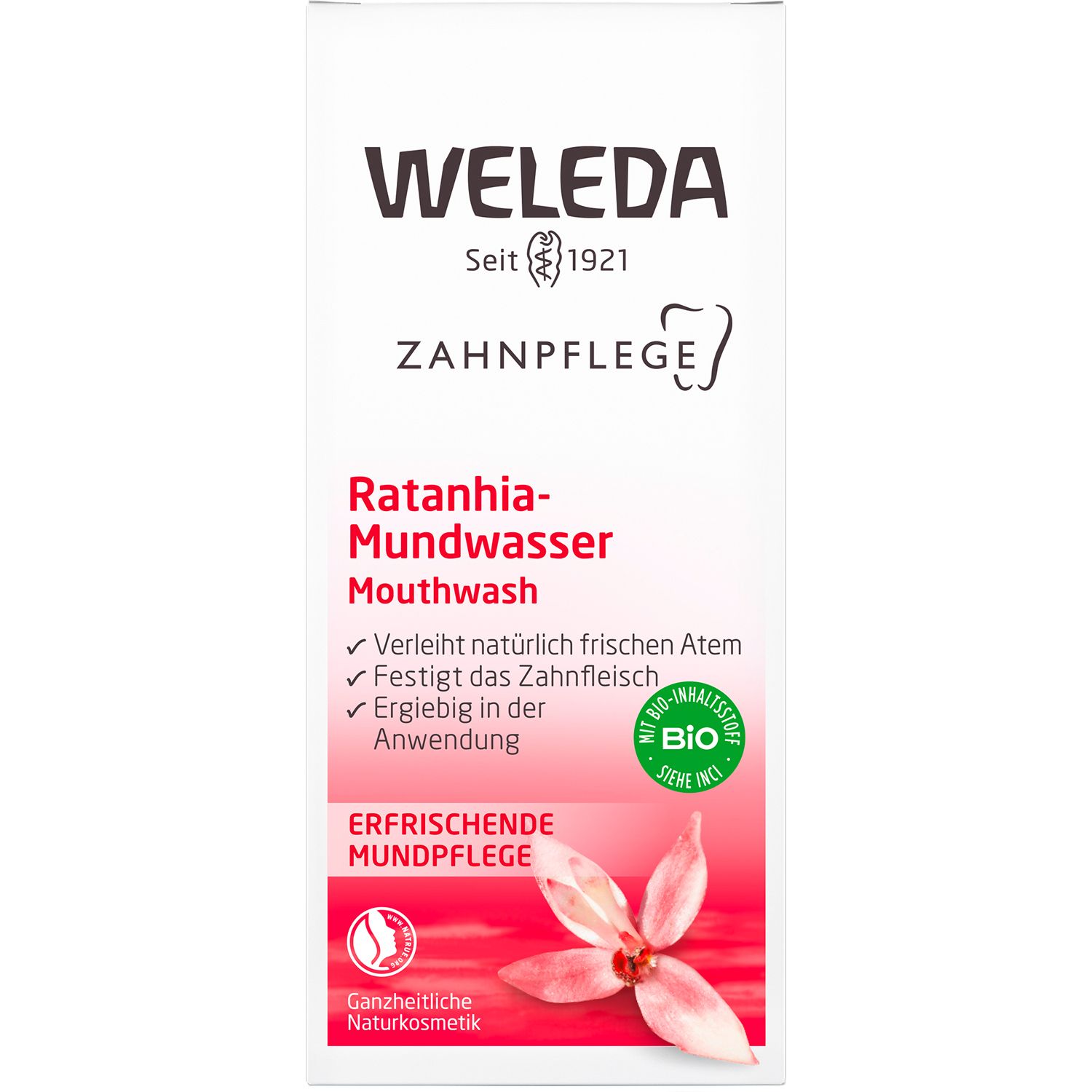 Confezione del prodotto con scritta: WELEDA, collutorio. Contiene un prodotto per l'igiene orale.