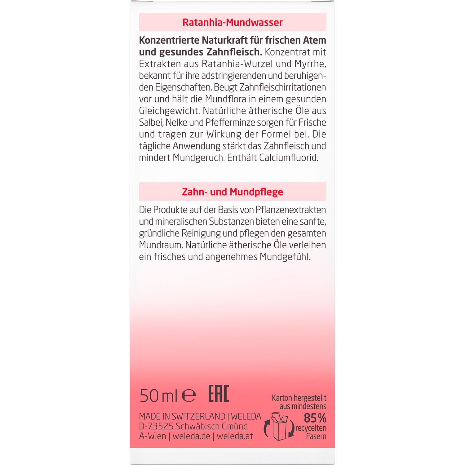 Confezione del prodotto con testo. Contiene informazioni sul collutorio e i suoi ingredienti.