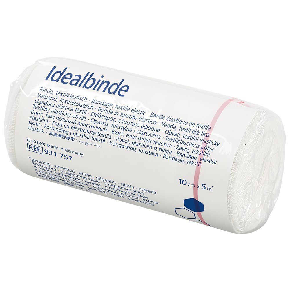Idealbinde, benda elastica tessile. Bianca, arrotolata e confezionata. Dimensioni: 10cm x 5m. Nome del prodotto visibile.