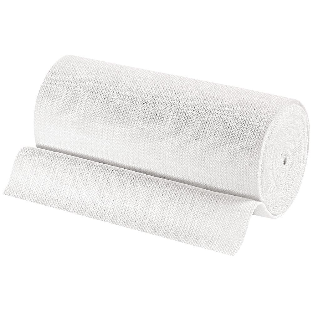 Idealbinde srotolata. Tessuto elastico bianco. Mostra la struttura del materiale. Senza confezione.