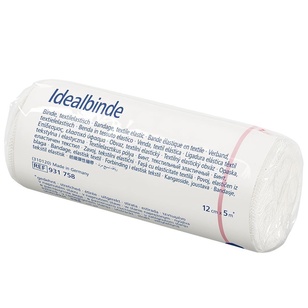 Rotolo Idealbinde in film. Scritta: Idealbinde, elastica tessile. Dimensioni: 12 cm x 5 m.