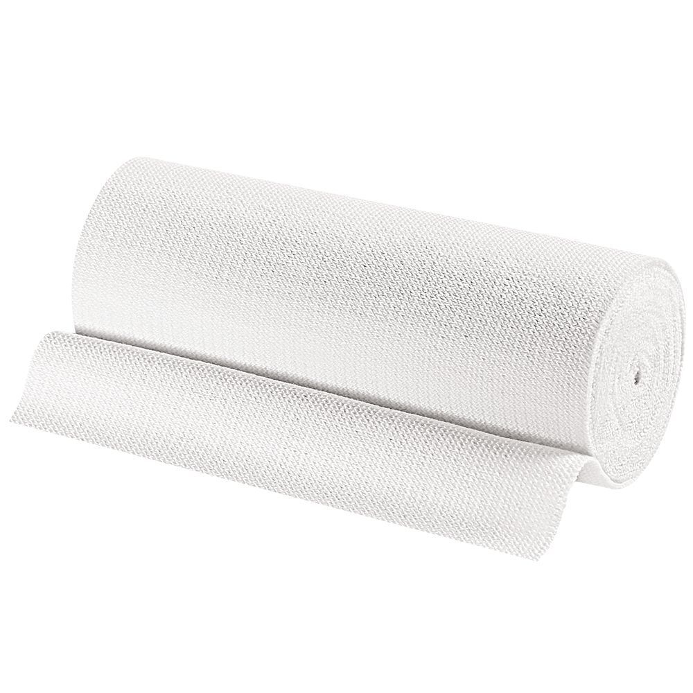 Idealbinde bianca srotolata. Tessuto tessile, arrotolato. Estremità della benda visibile.