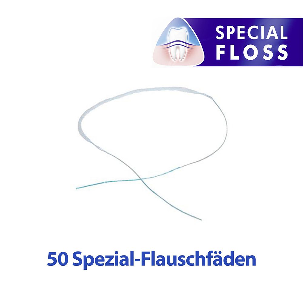meridol Special Floss. Singoli fili interdentali bianchi. 50 fili speciali.