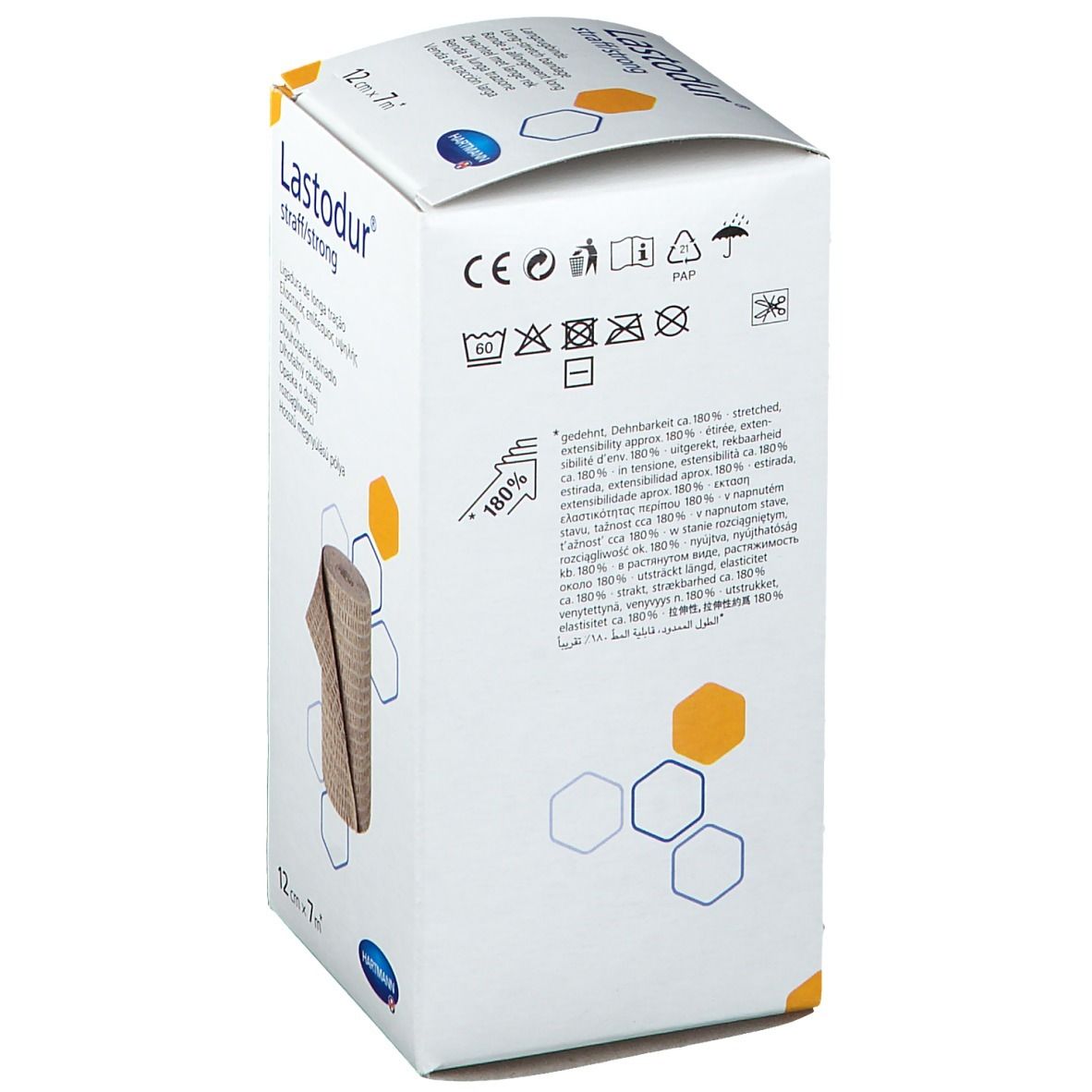 Retro della confezione Lastodur® strong. Testo e simboli. Dimensioni: 12 cm x 7 m. Informazioni produttore e marchio CE.