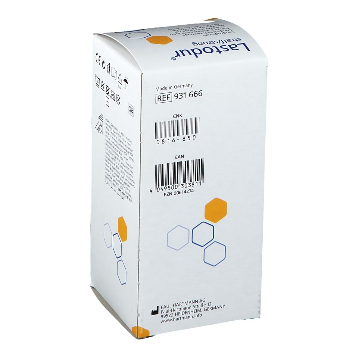 Retro della confezione Lastodur® strong. Codice a barre, riferimento e indirizzo del produttore. Prodotto in Germania.