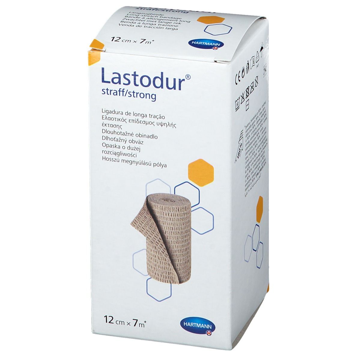 Confezione di Lastodur® strong. Benda beige in scatola. Dimensioni: 12 cm x 7 m. Nome del prodotto e marchio Hartmann.