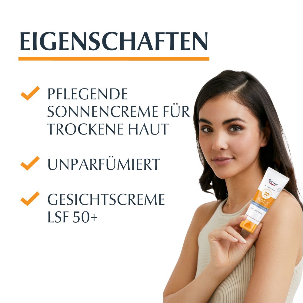 Donna con Eucerin Sensitive Protect Face Sun Creme LSF 50+. Testo: crema solare, senza profumo, crema viso LSF 50+.