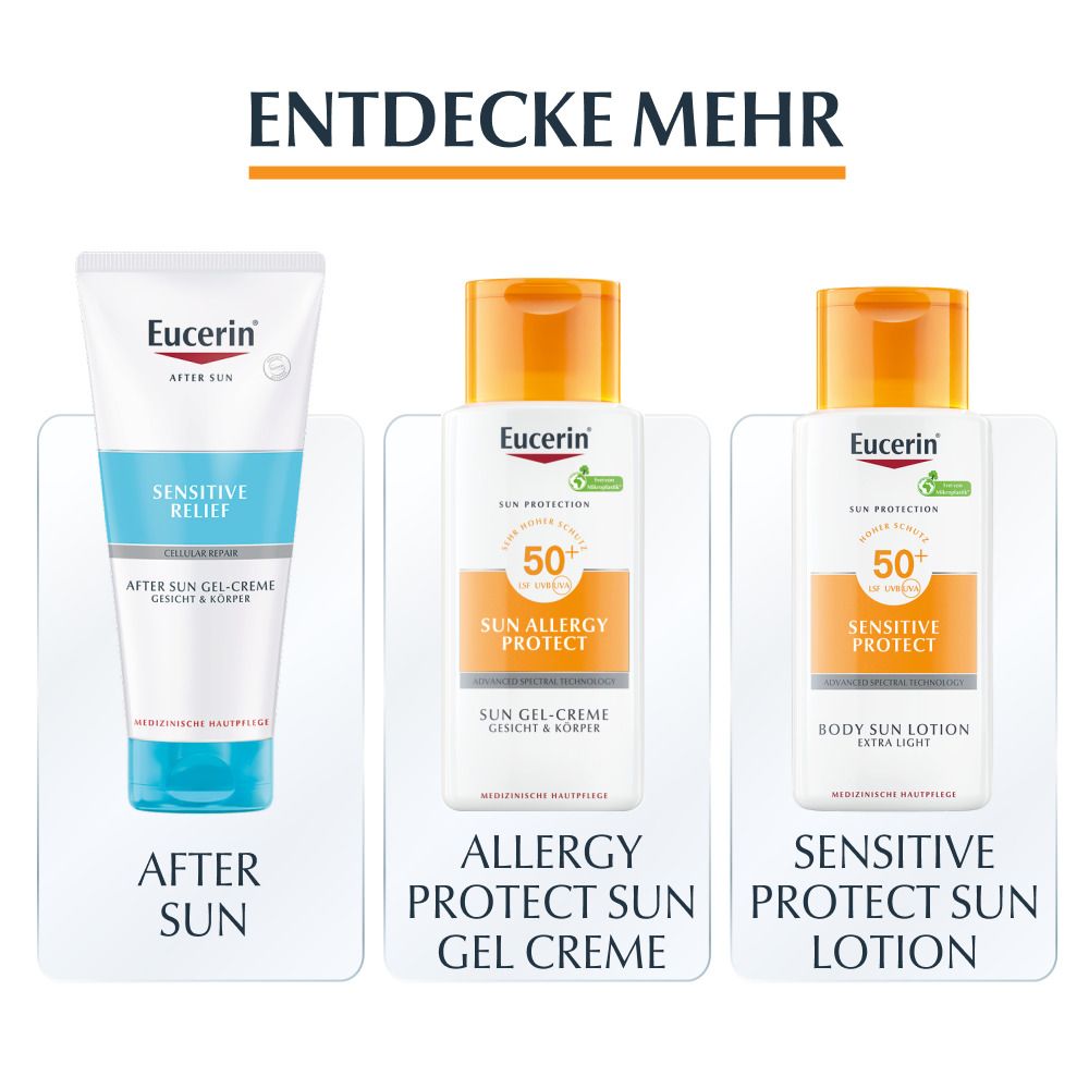 Tre prodotti Eucerin: After Sun, Sun Allergy Protect Sun Gel Creme, Sensitive Protect Sun Lotion.
