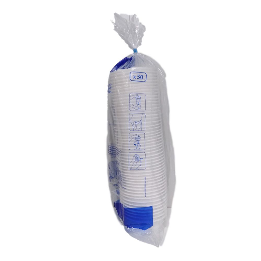 Sacchetto con sacchetti per vomito SicSac® bianchi. Sacchetto di plastica trasparente, laccio blu. Confezione.
