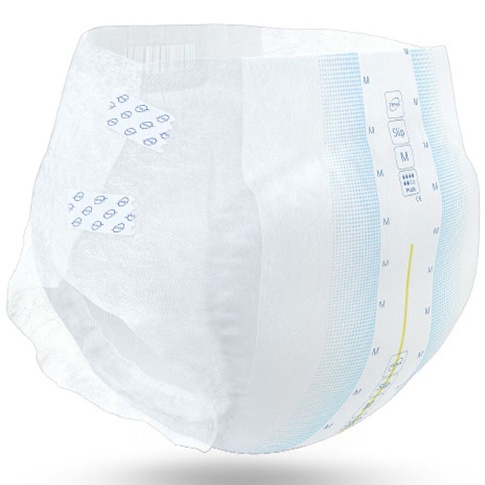 Slip per incontinenza bianco, taglia M. Segni blu e linea gialla. Chiusure in velcro laterali.