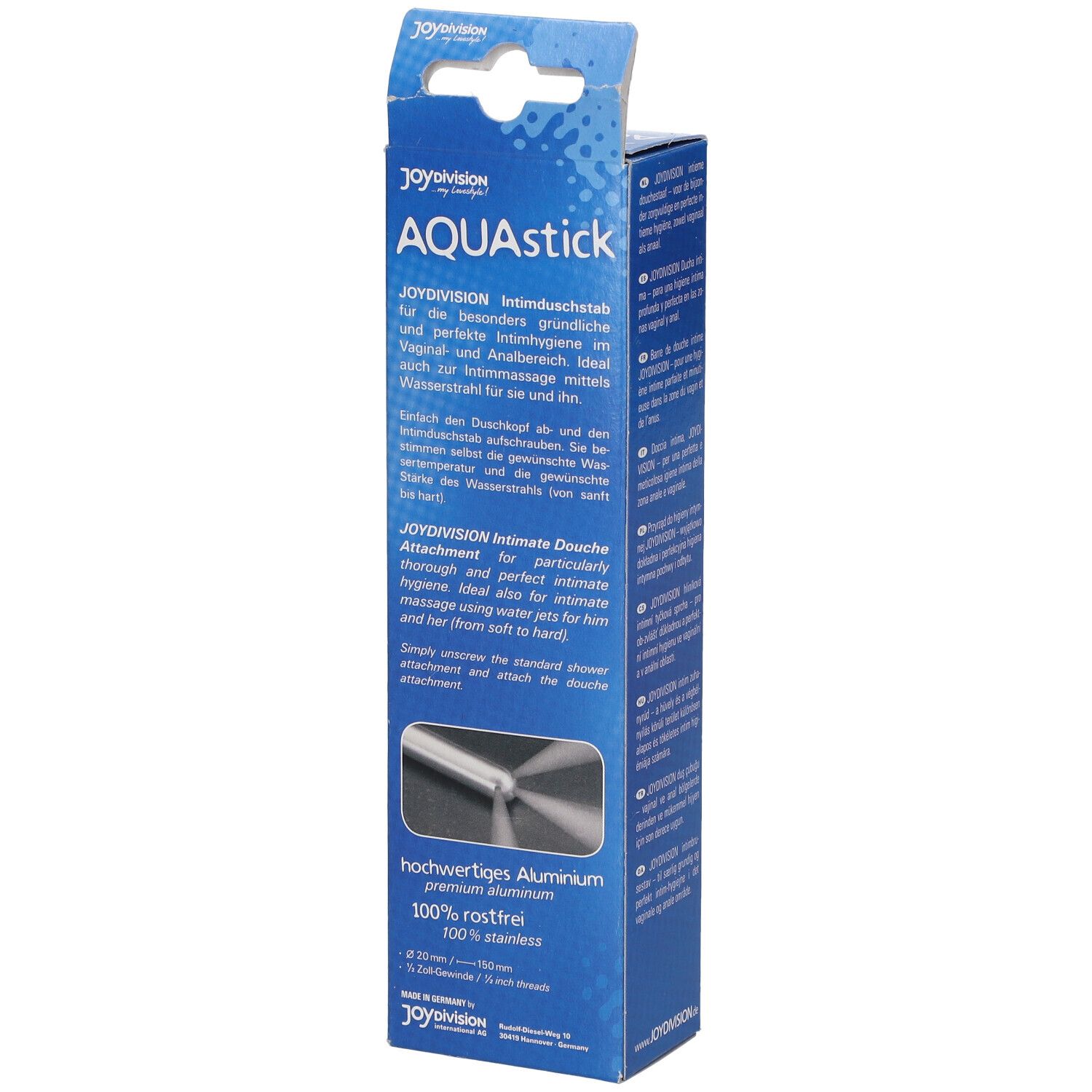 Confezione della doccia intima AQUAstick. Blu, con testo multilingue. Nome del prodotto e marchio visibili.