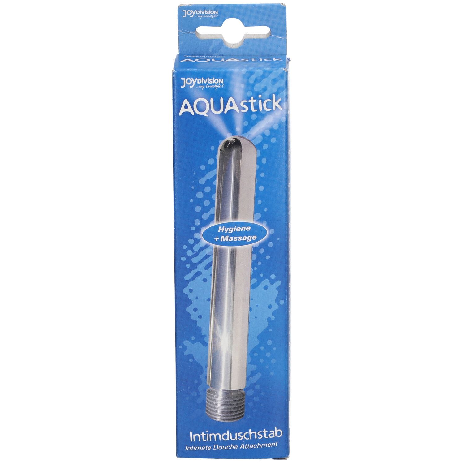 Doccia intima AQUAstick in confezione. Argento, cilindrico, filettato. Testo: Igiene + Massaggio, Doccia intima.