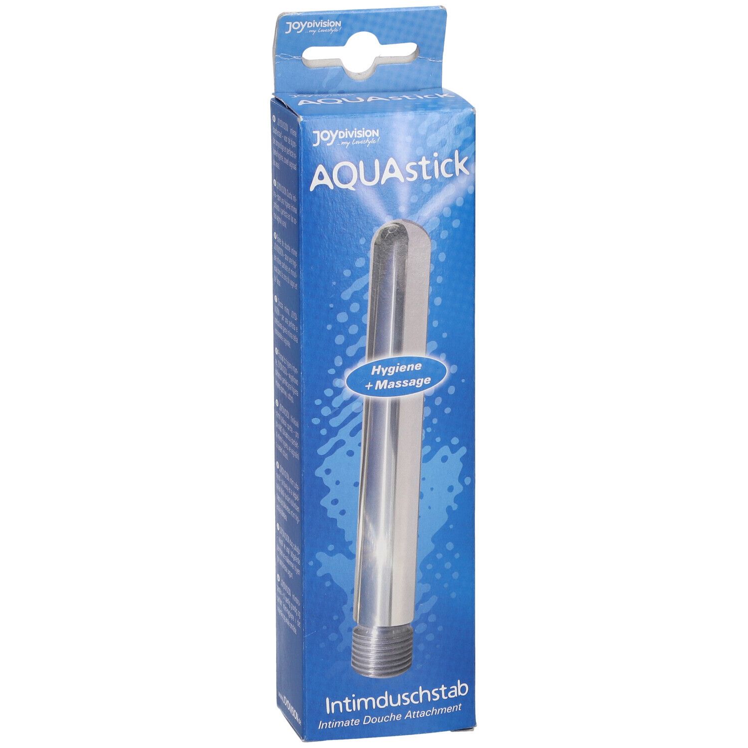 Doccia intima AQUAstick in confezione. Argento, cilindrico, filettato. Testo: Igiene + Massaggio, Doccia intima.
