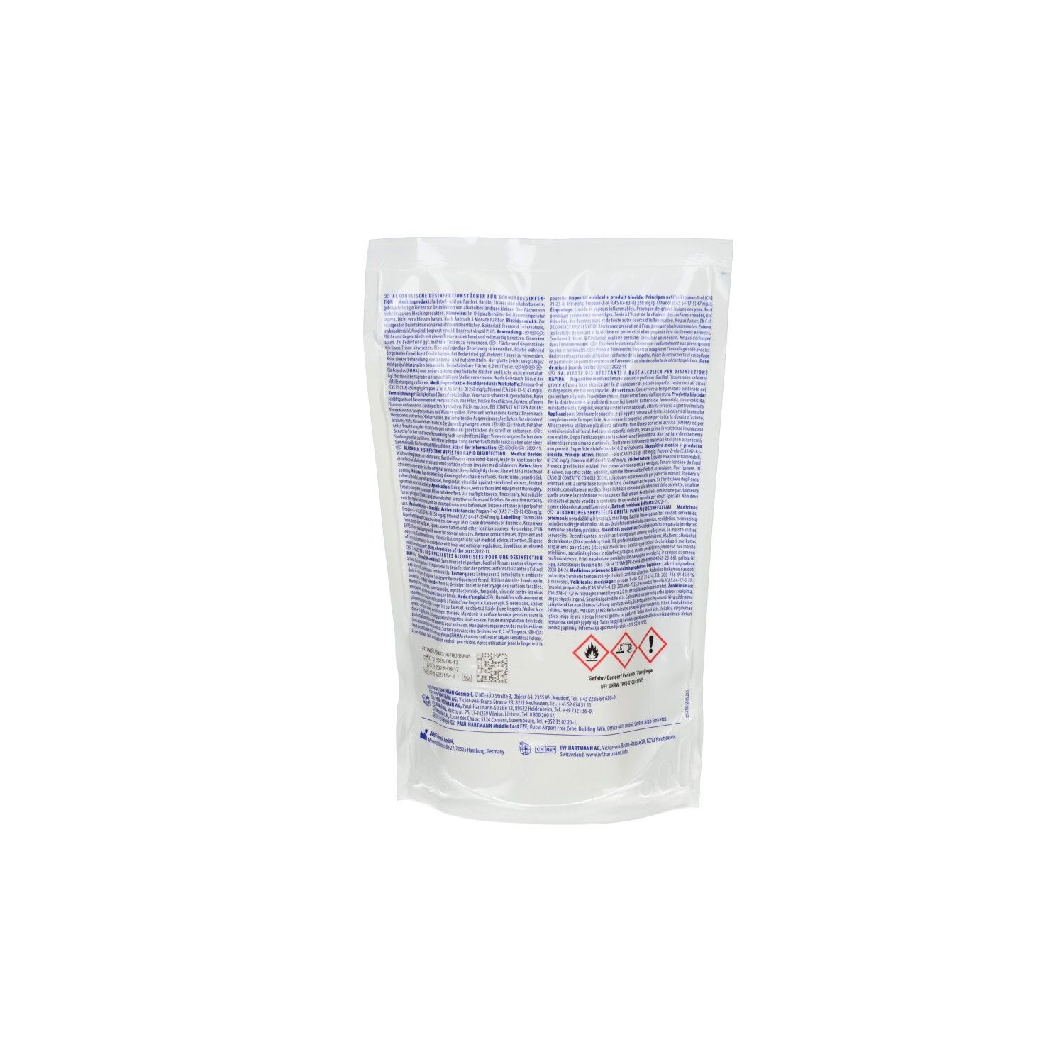 Retro della ricarica di salviette Bacillol®. Testo, avvertenze e simboli di pericolo su sfondo bianco.