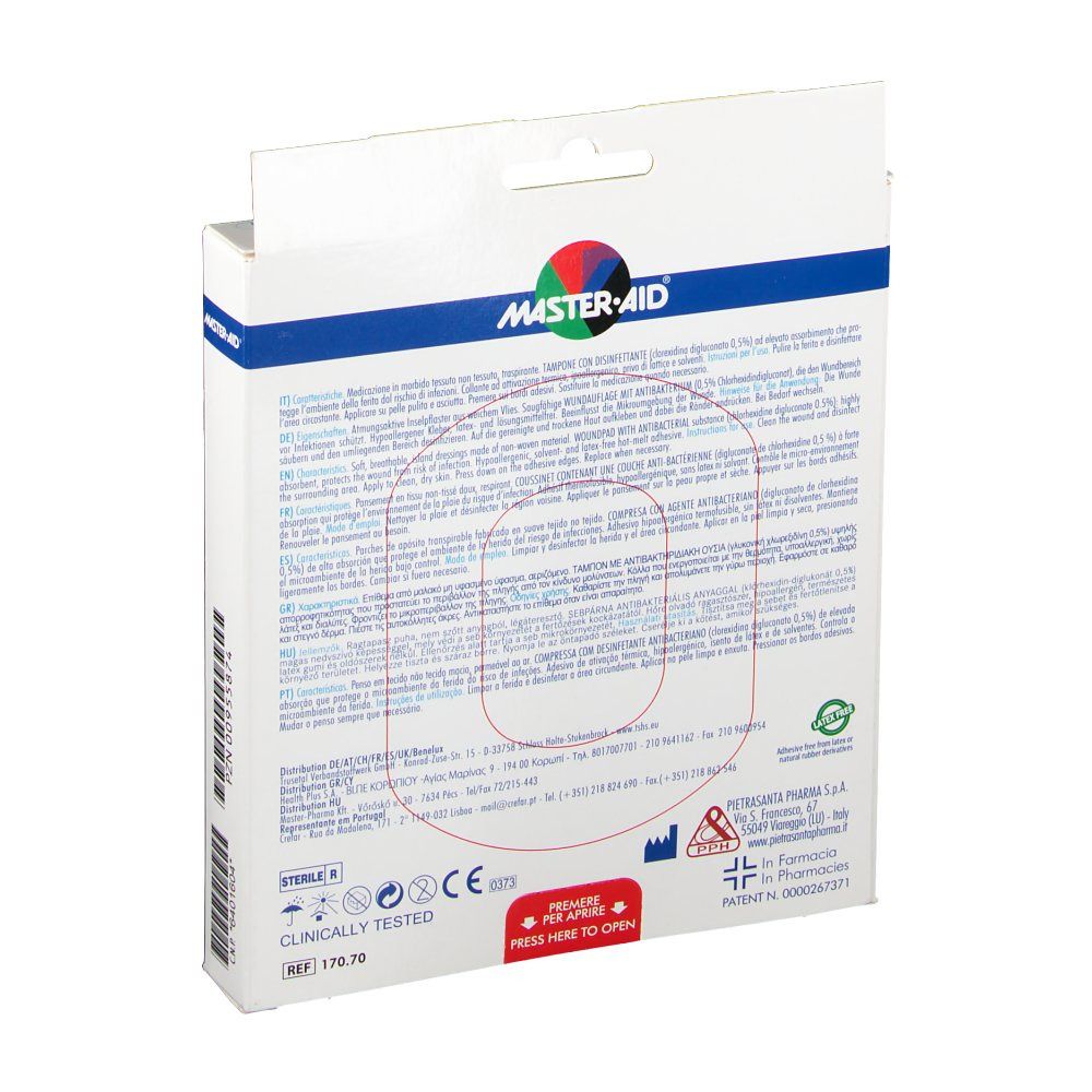 Retro della confezione Master-Aid Drop Med con dettagli.