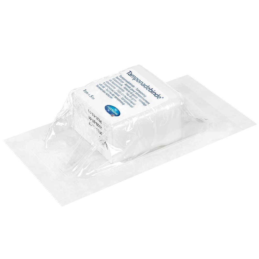 Tamponadebinde confezionata. Prodotto sigillato in pellicola. Dimensione 1 cm x 5 m.