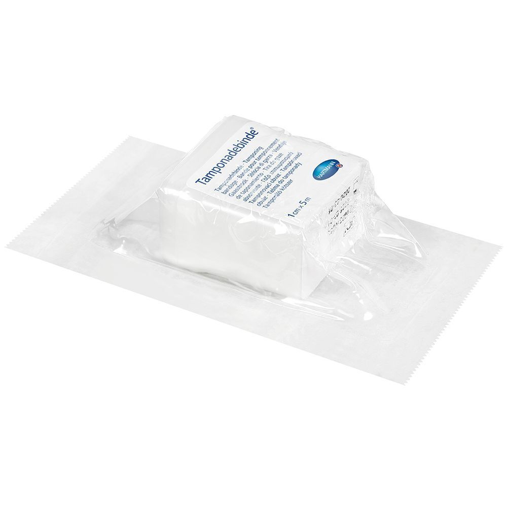 Tamponadebinde confezionata. Prodotto sigillato in pellicola. Dimensione 1 cm x 5 m.