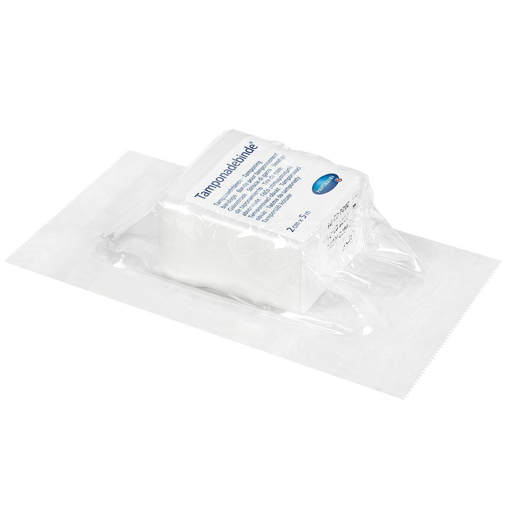 Benda per tamponamento confezionata. In pellicola trasparente. Dimensioni: 2 cm x 5 m. Scritte multilingue.