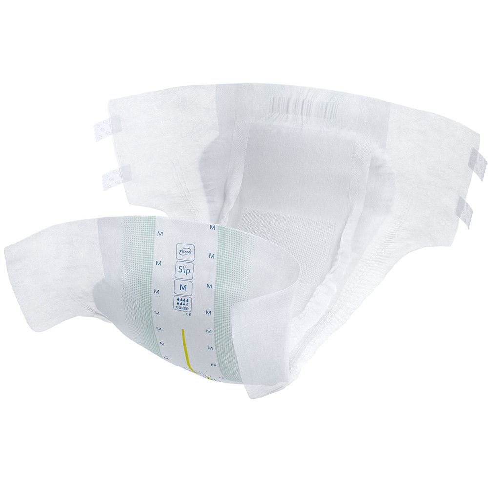 TENA Slip Super aperto, taglia M. Bianco, con strisce adesive e indicatori. Struttura interna e forma visibili.