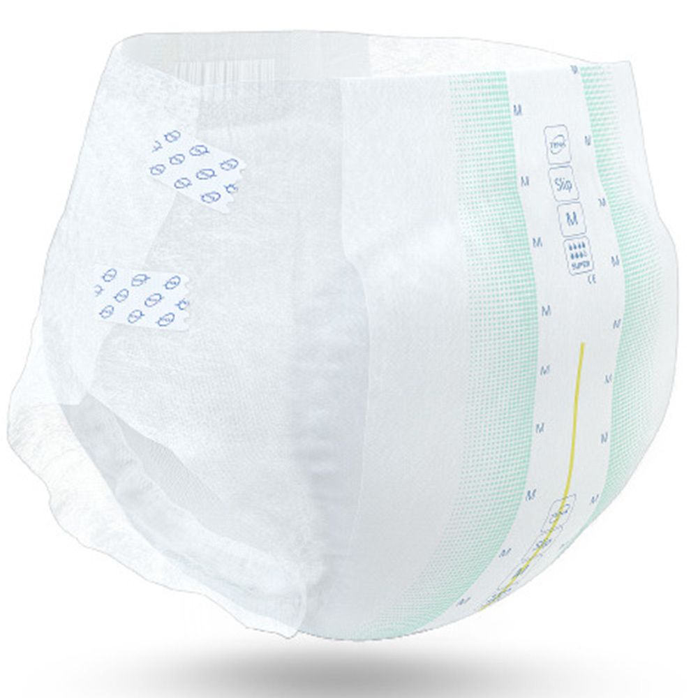 TENA Slip Super, taglia M. Bianco, con punti adesivi blu e indicazioni taglia. Vista interna.
