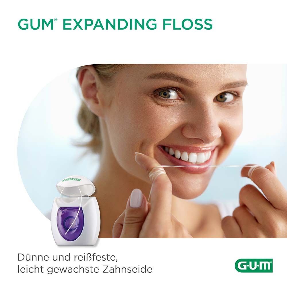 Donna usa filo interdentale. GUM Expanding Floss. Filo interdentale bianco. Testo: Filo interdentale sottile e resistente, leggermente cerato.