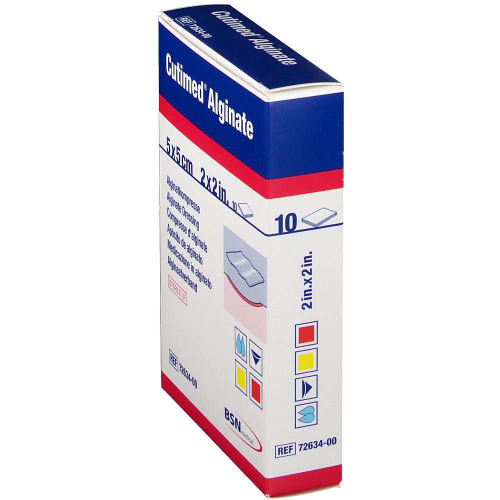 Scatola blu e bianca con Cutimed Alginate. Dimensione: 5x5cm. 10 pezzi. Scritta: Compressa di alginato, Alginate Dressing.