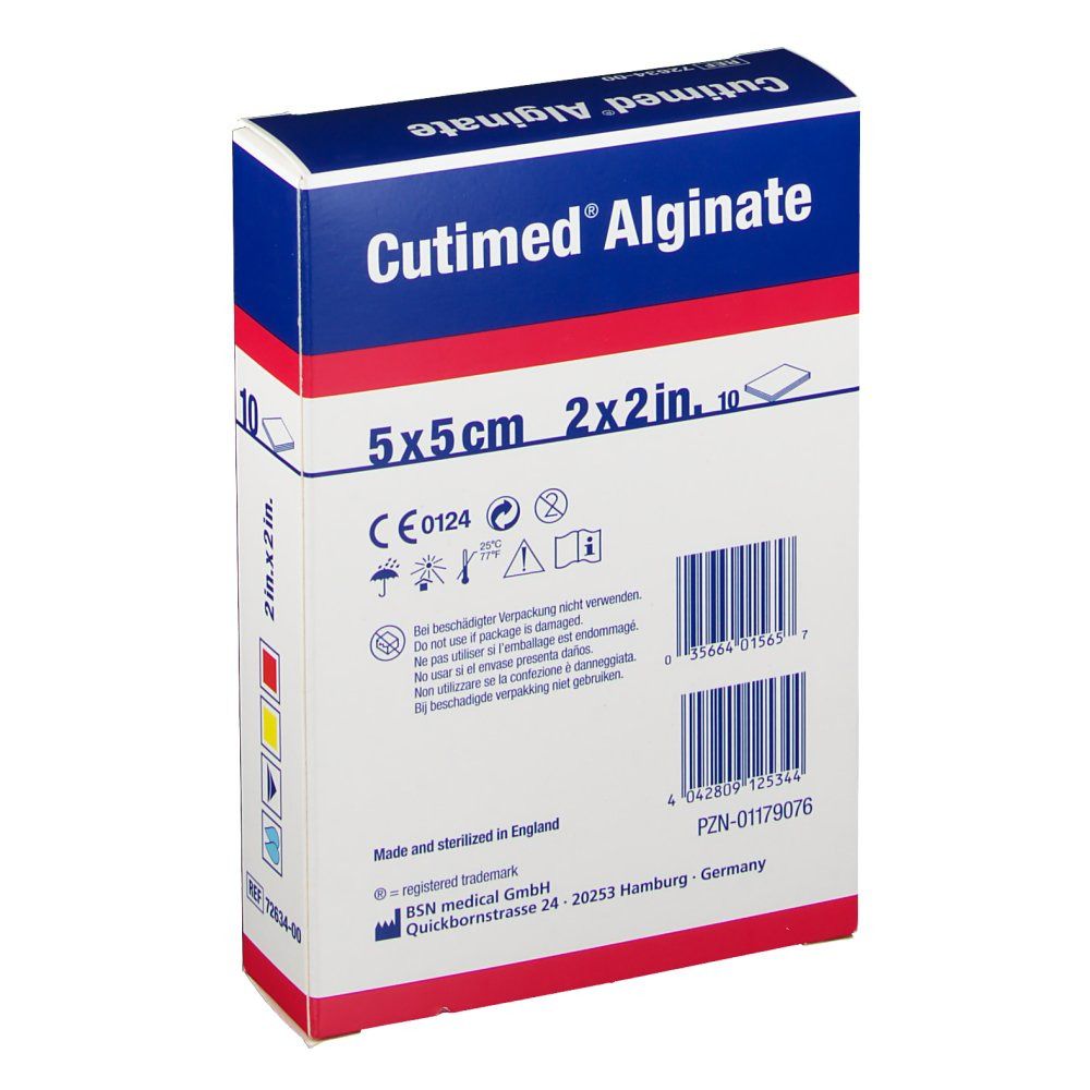 Retro della scatola Cutimed Alginate. Dimensione: 5x5cm. 10 pezzi. Scritta: Compressa di alginato, Alginate Dressing.