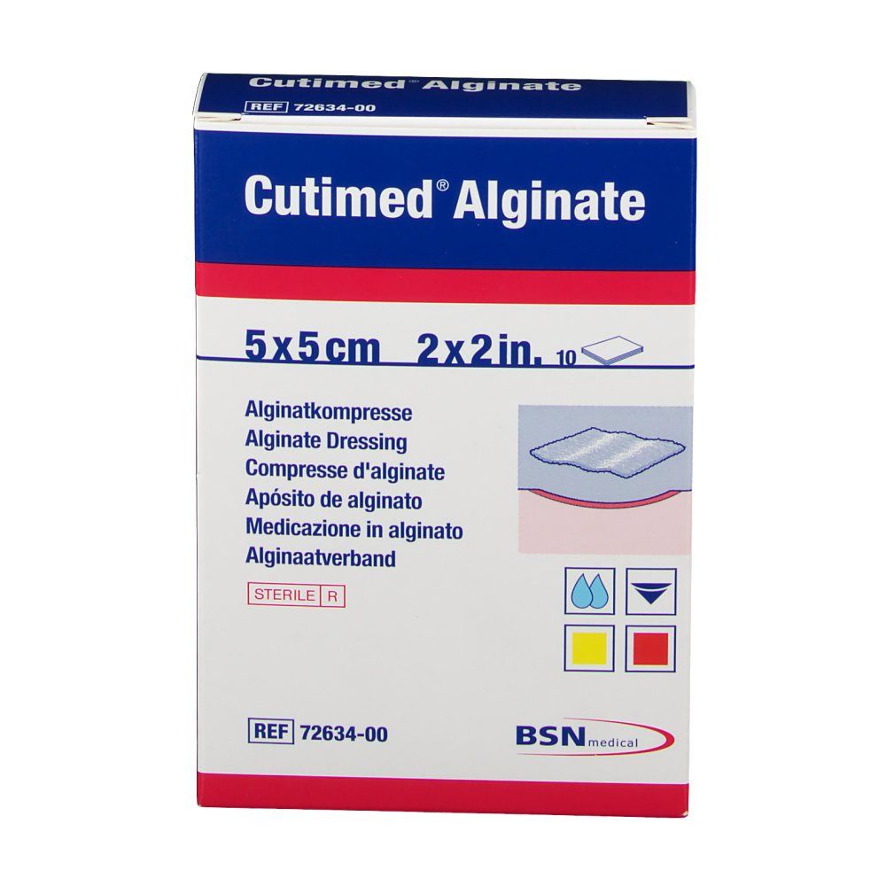 Scatola blu e bianca con Cutimed Alginate. Dimensione: 5x5cm. 10 pezzi. Scritta: Compressa di alginato, Alginate Dressing.