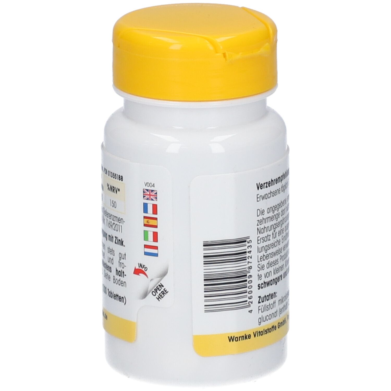 Flacone bianco con tappo giallo. Testo e pittogrammi. Codice a barre. Aprire qui.