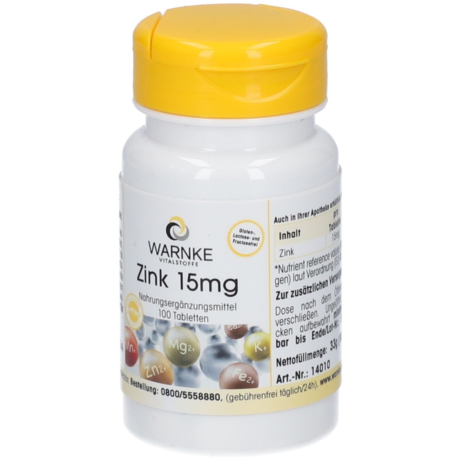 Flacone bianco con tappo giallo. Scritta: WARNKE Zink 15mg. 100 compresse. Illustrazione di minerali.