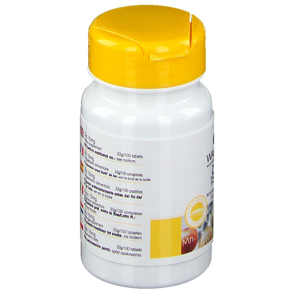 Flacone bianco con tappo giallo. Testo e informazioni nutrizionali. Peso netto: 33g (100 compresse).