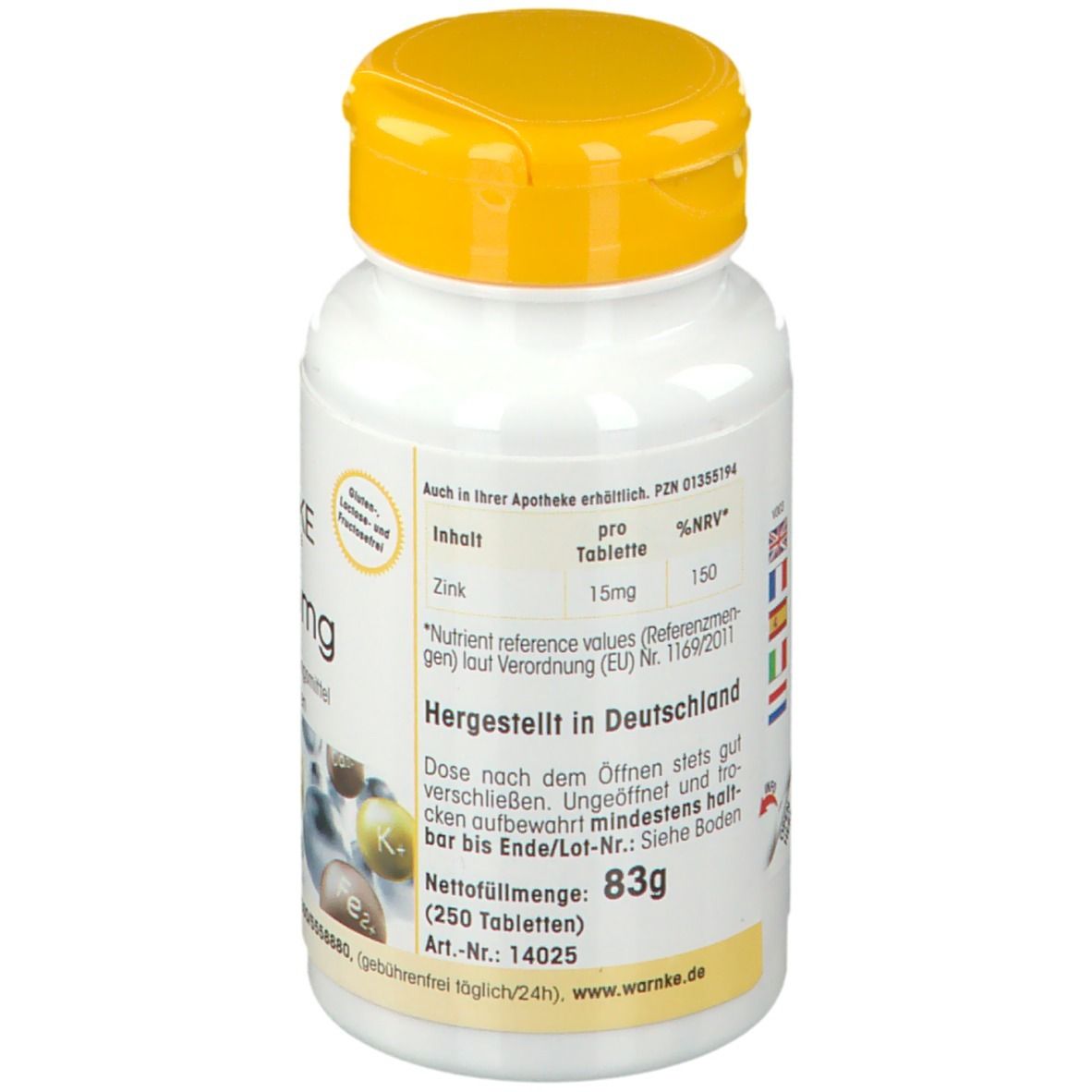 Retro del flacone bianco con tappo giallo. Testo: Zink 15mg, 83g, prodotto in Germania. Informazioni multilingue.