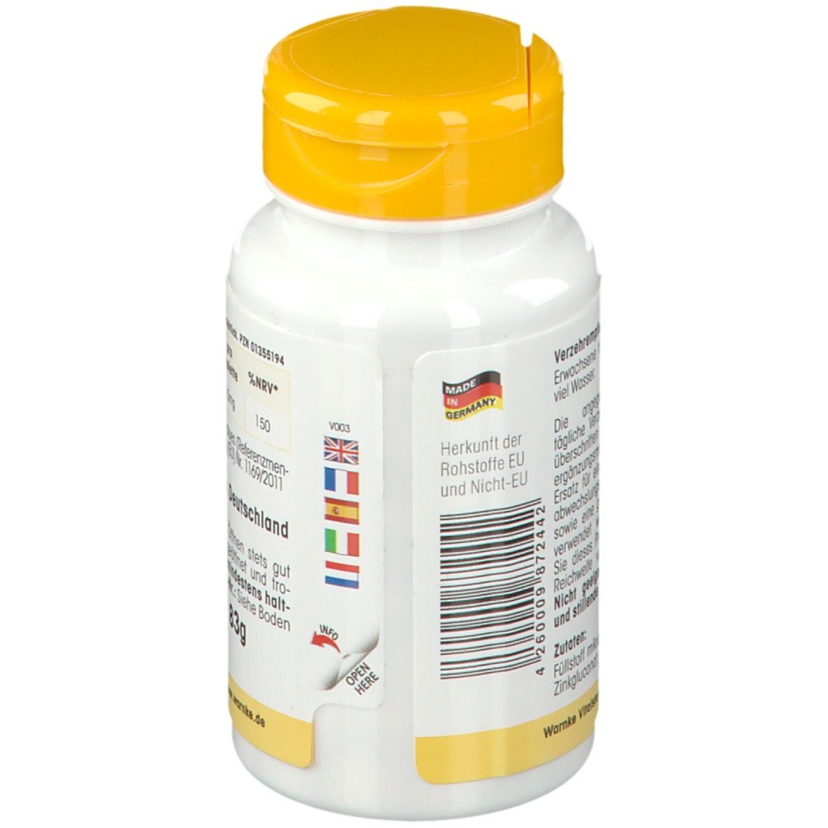 Retro del flacone bianco con tappo giallo. Testo: Origine materie prime UE e non UE. Prodotto in Germania. Codice a barre.