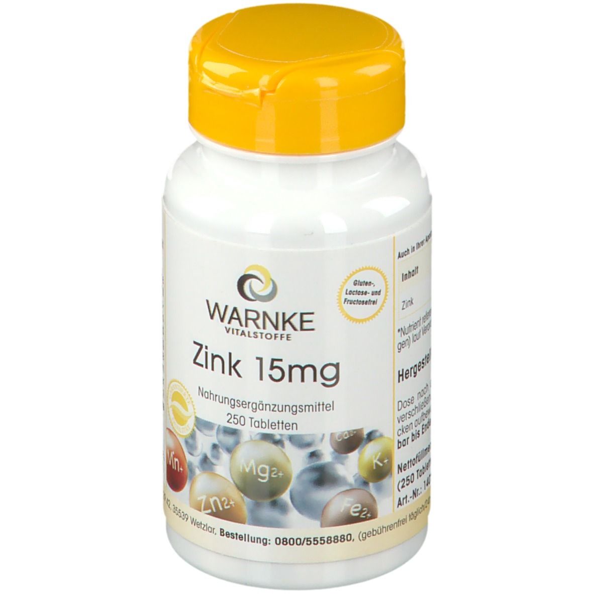 Flacone bianco con tappo giallo. Scritta WARNKE Zink 15mg. Integratore alimentare. 250 compresse. Vista dettagliata.