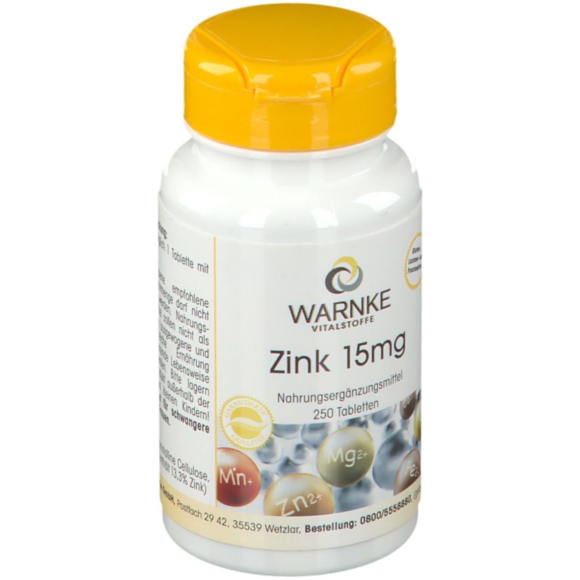 Flacone bianco con tappo giallo. Scritta WARNKE Zink 15mg. Integratore alimentare. 250 compresse. Vista dettagliata.