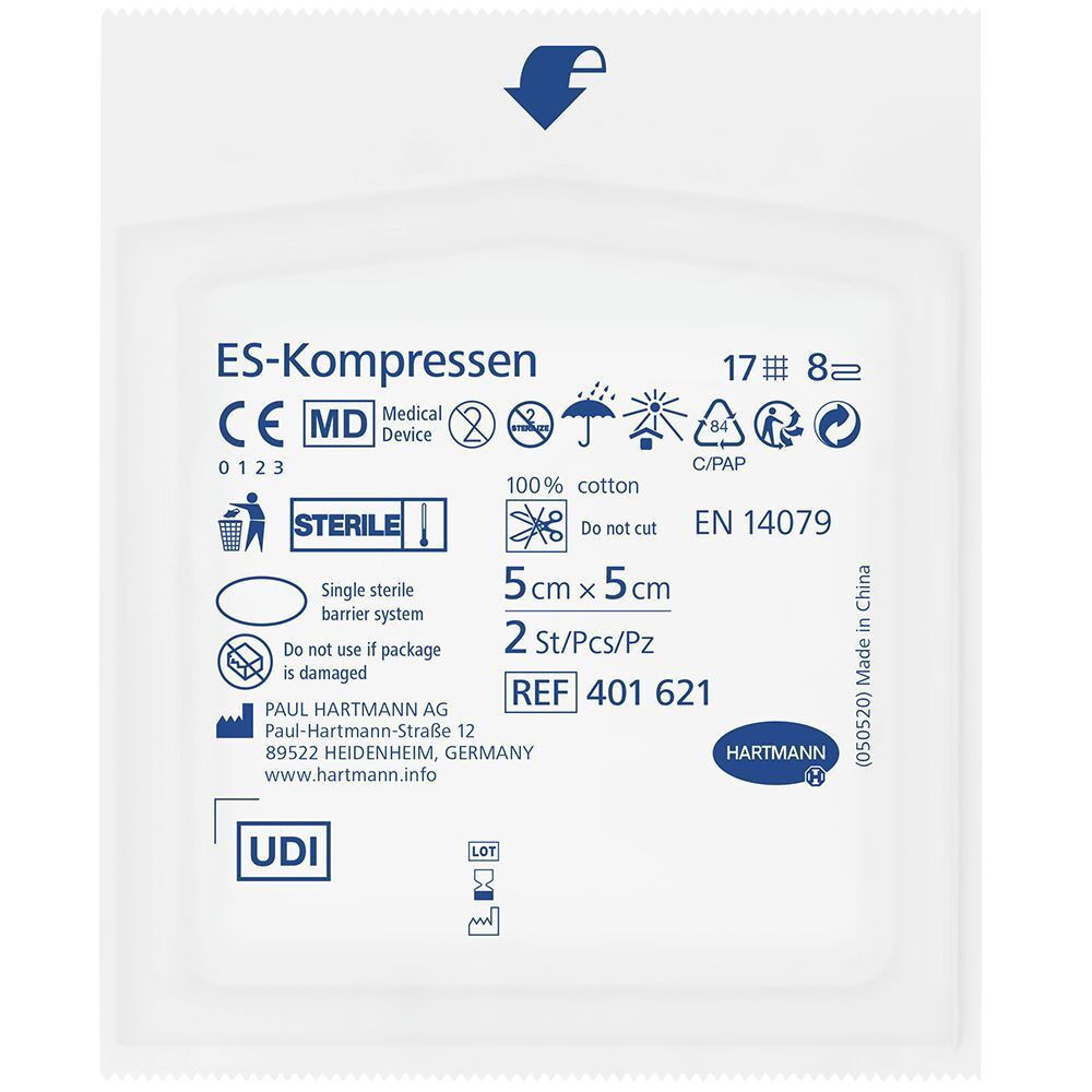 Confezione di compresse ES. Nome prodotto, dimensioni 5x5 cm, 2 pezzi. Confezione sterile. Produttore Hartmann.