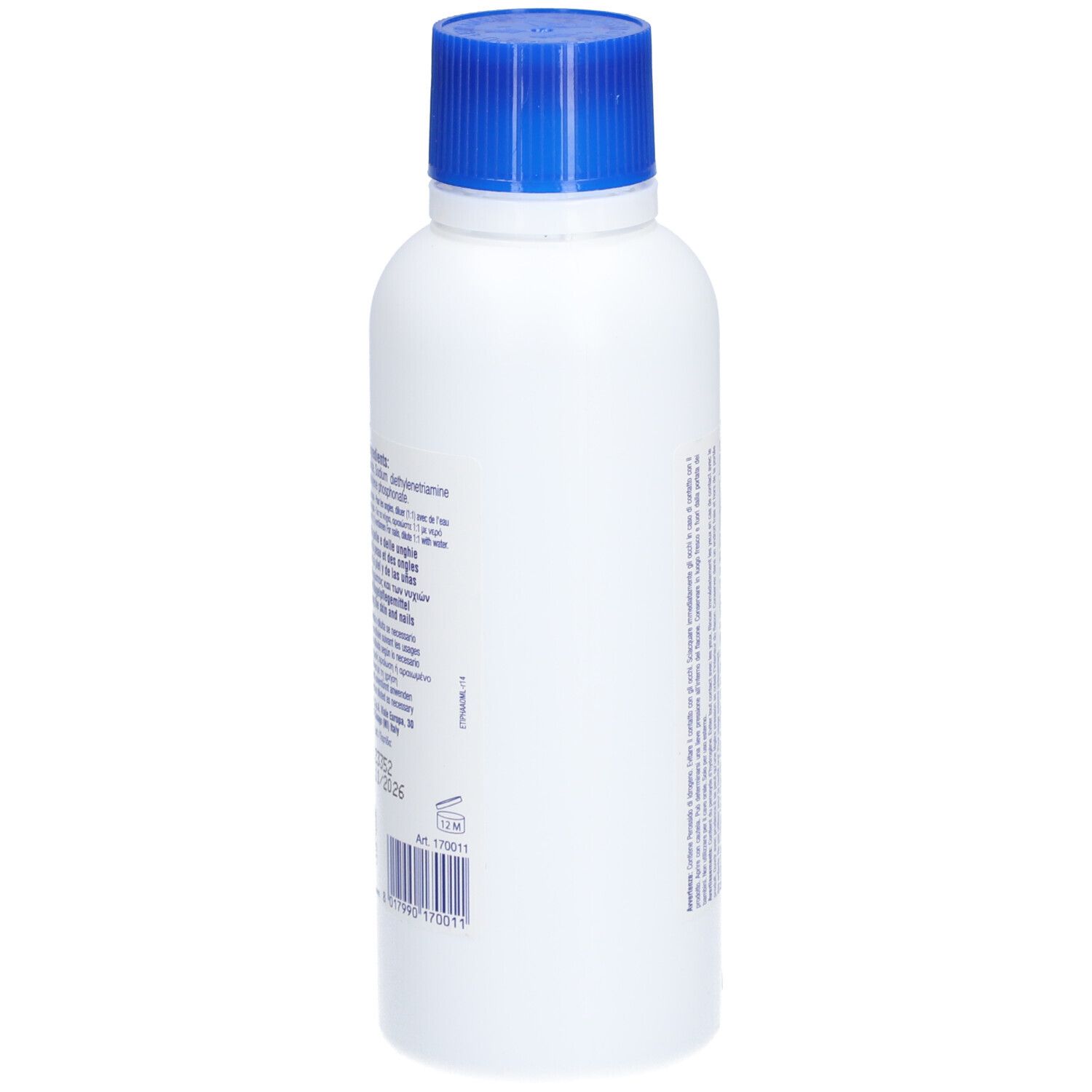 Flacone bianco con tappo blu. Retro con testo in più lingue. Codice a barre e numero di lotto.