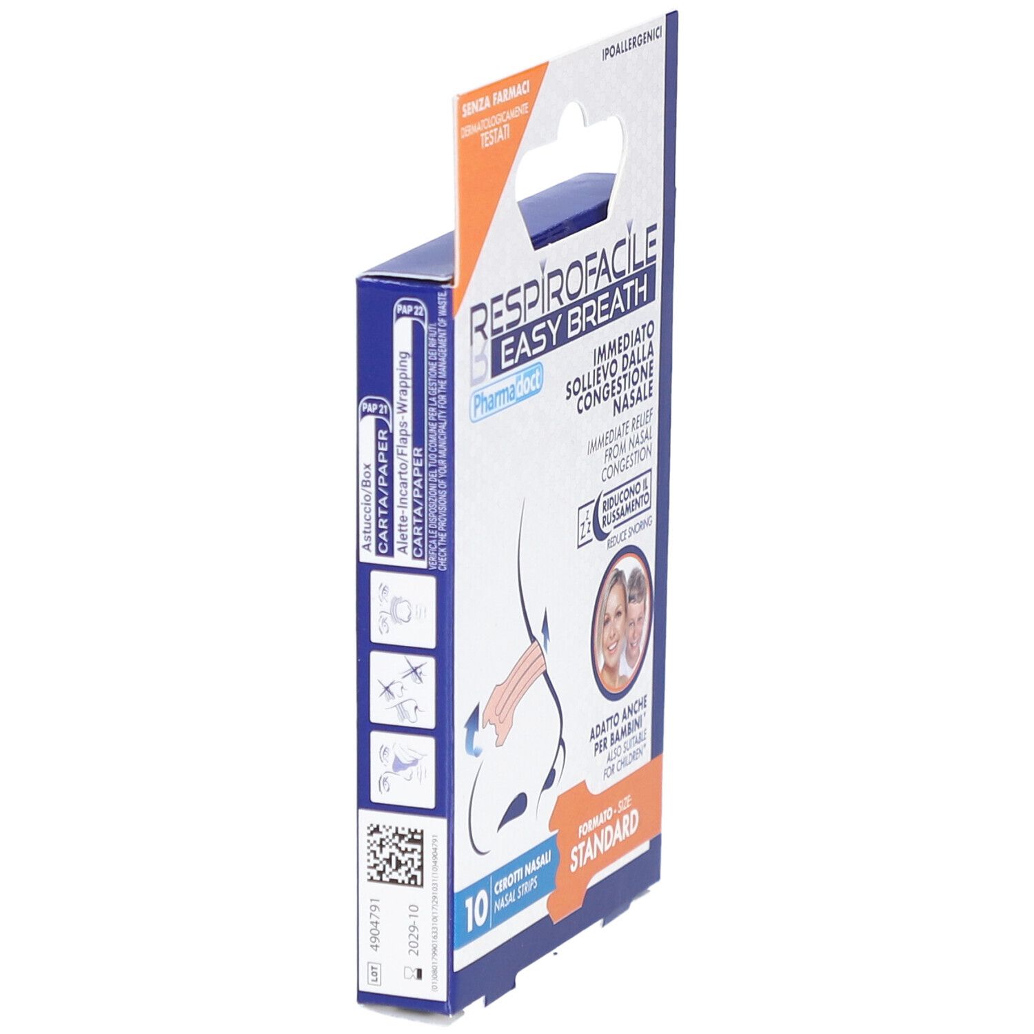Vista laterale della confezione di cerotti nasali. Scritta: Respirofacile Easy Breath, 10 pezzi, ipoallergenico.