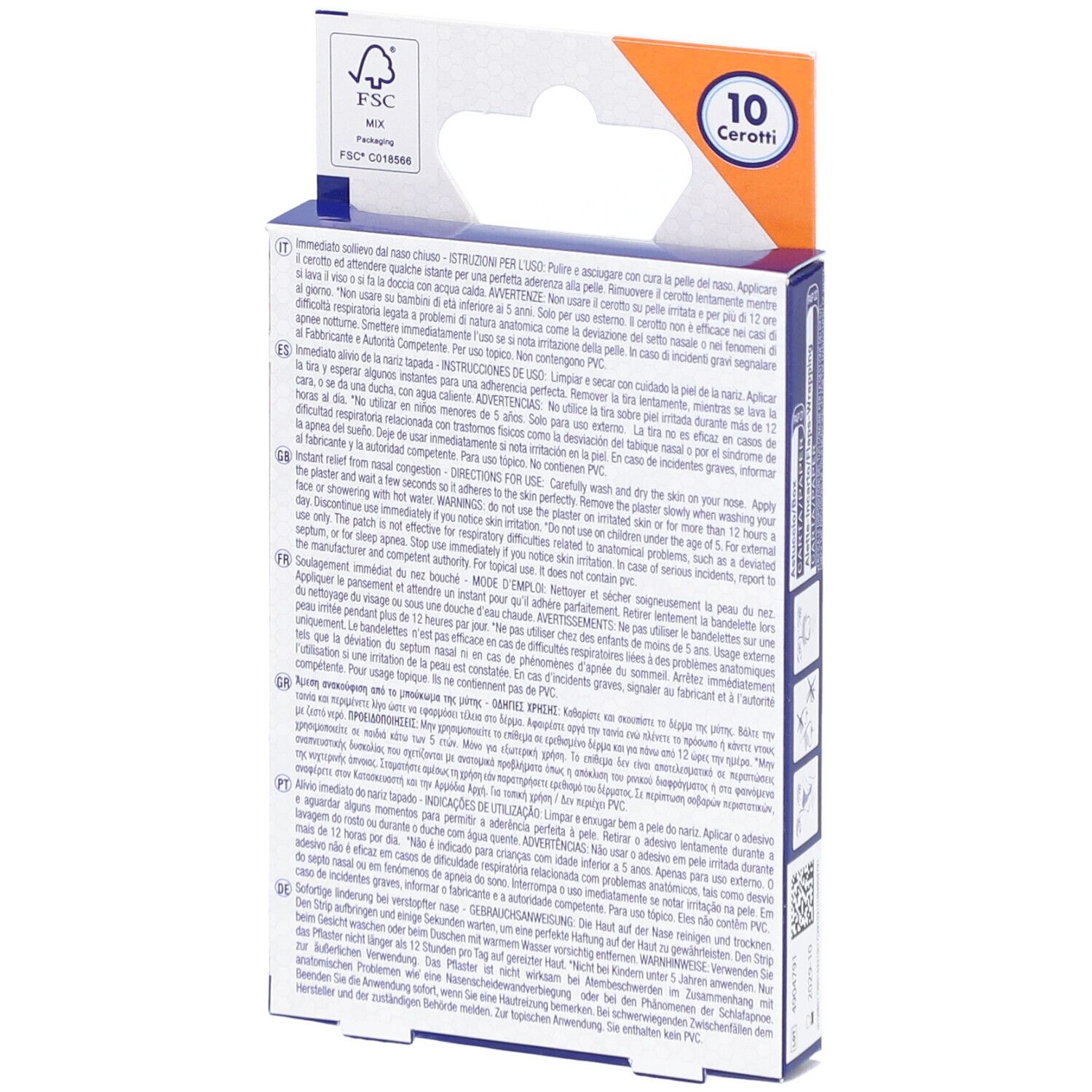 Retro della confezione di cerotti nasali. Testo in più lingue, tra cui tedesco e francese. Illustrazioni.