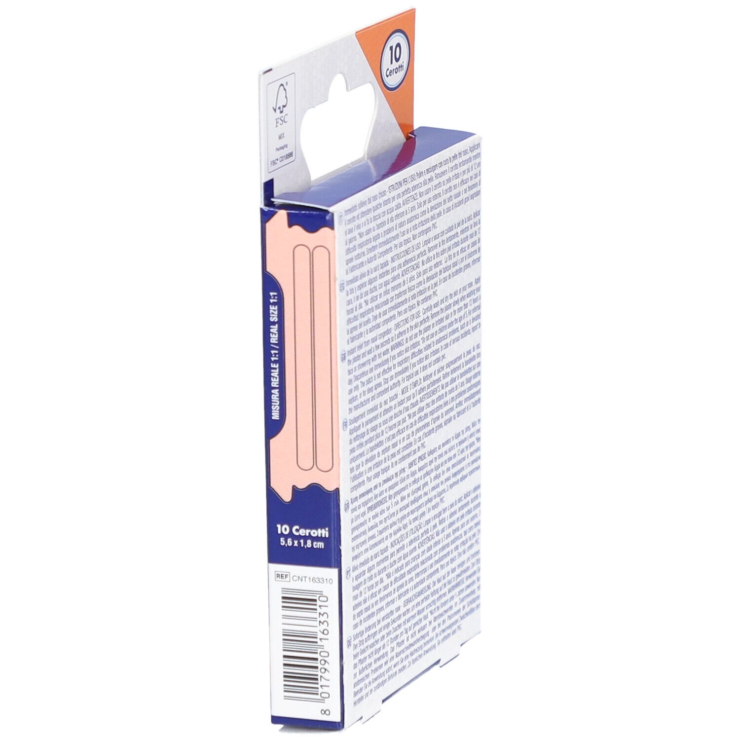 Vista laterale della confezione di cerotti nasali. Testo e codice a barre. Dimensioni: 5,8 x 1,8 cm.