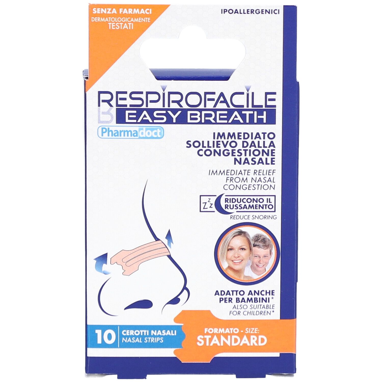 Confezione di cerotti nasali. Scritta: Respirofacile Easy Breath, 10 pezzi, ipoallergenico, dermatologicamente testato.
