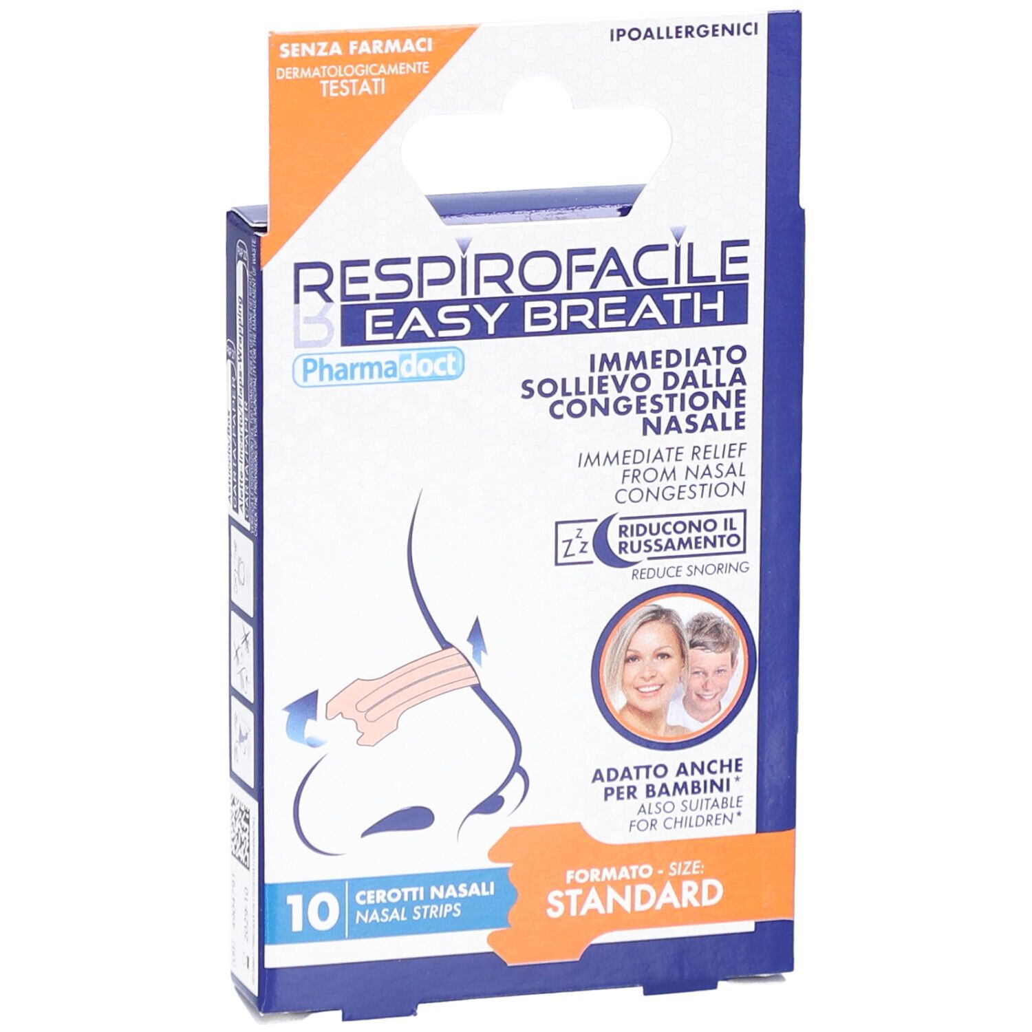 Confezione di cerotti nasali. Scritta: Respirofacile Easy Breath, 10 pezzi, ipoallergenico, dermatologicamente testato.