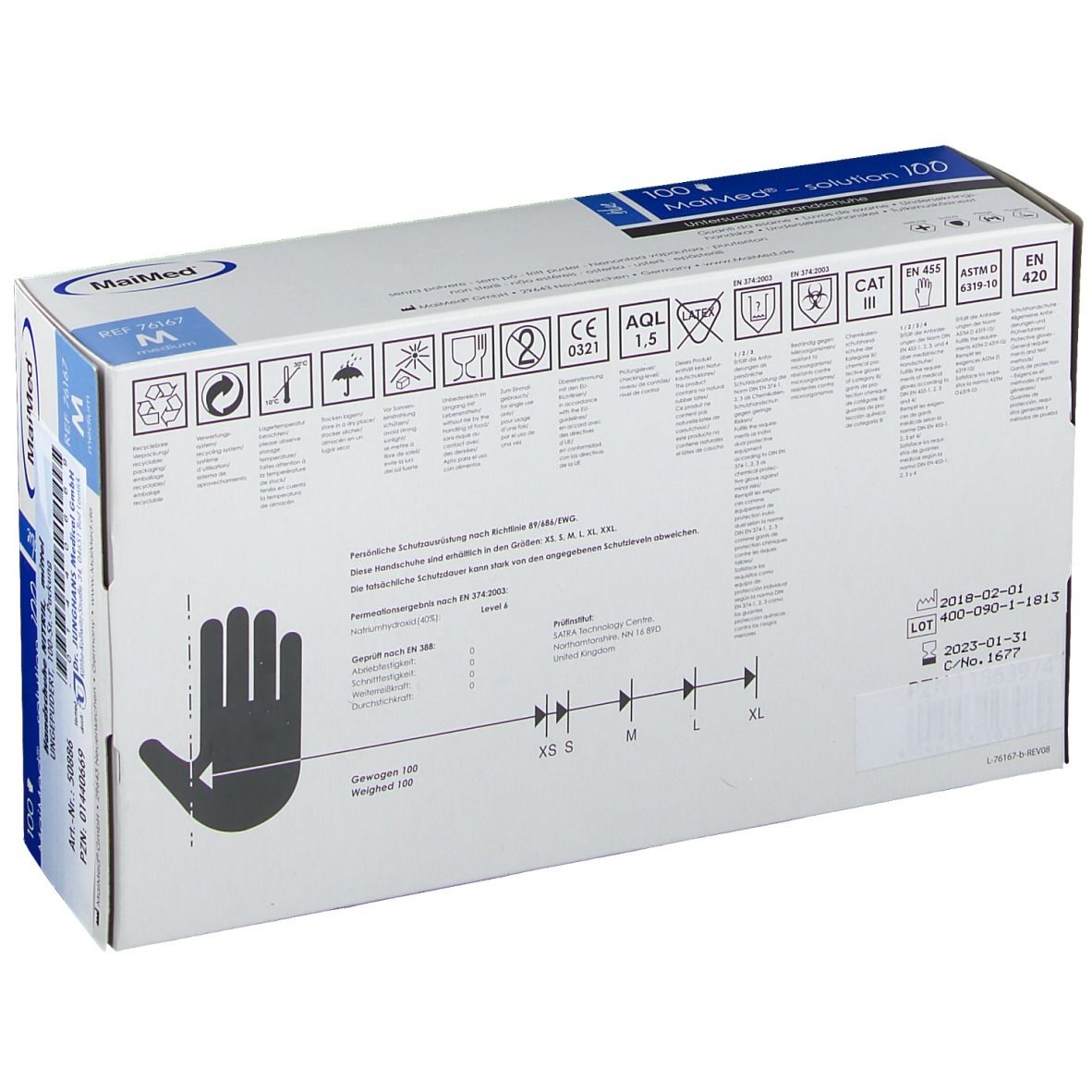 Retro della scatola dei guanti. Testo: Avvertenze di sicurezza, informazioni di conformità, numero di lotto, produttore.