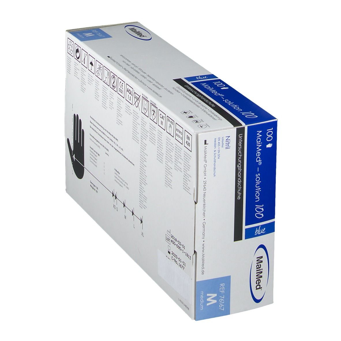 Scatola di guanti con taglie M, L, XL. Testo: Nitril 3000, REF 1280M, 100 pz. Logo: Meditrade.