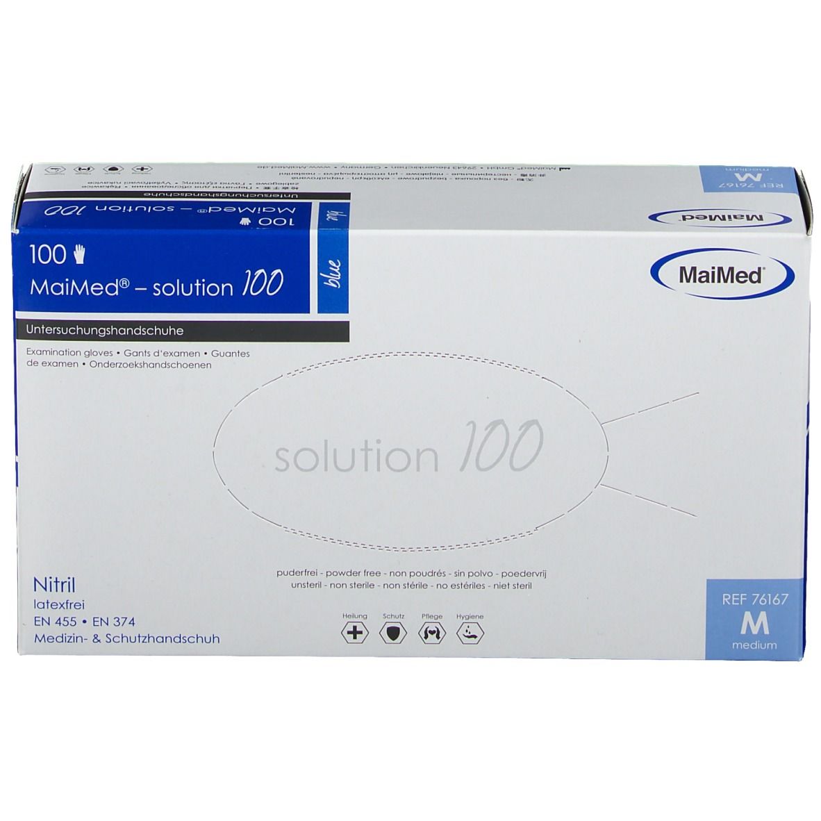 Scatola di guanti Nitril 3000. Testo: Powderfree, Latexfree, Medium, 7-7,5. Logo: Meditrade.