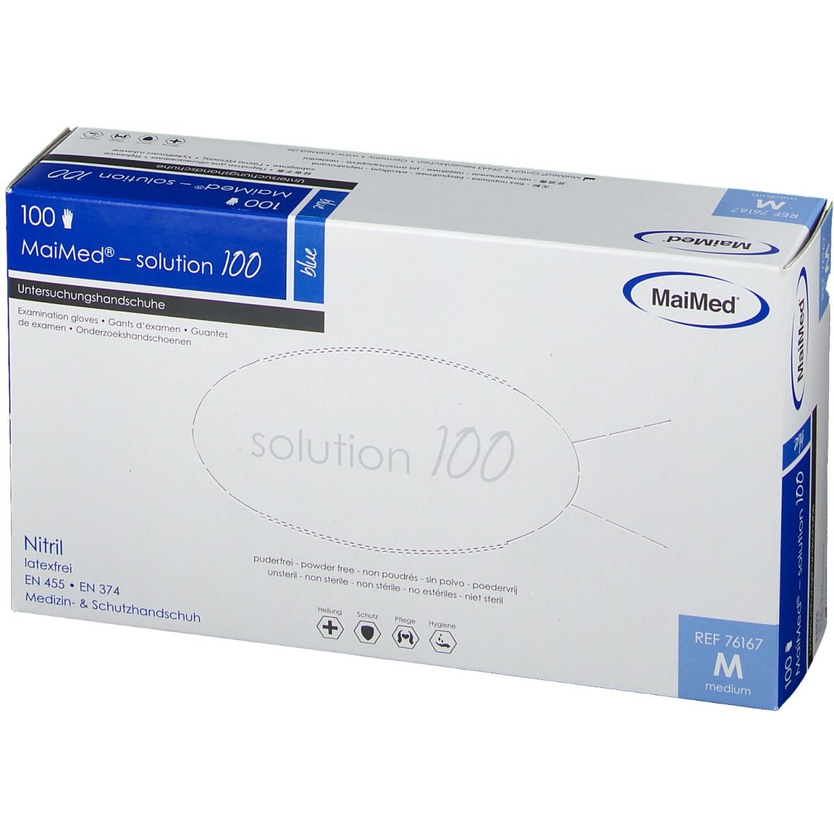 Scatola di guanti Nitril 3000. Testo: Powderfree, Latexfree, Medium, 7-7,5. Logo: Meditrade.