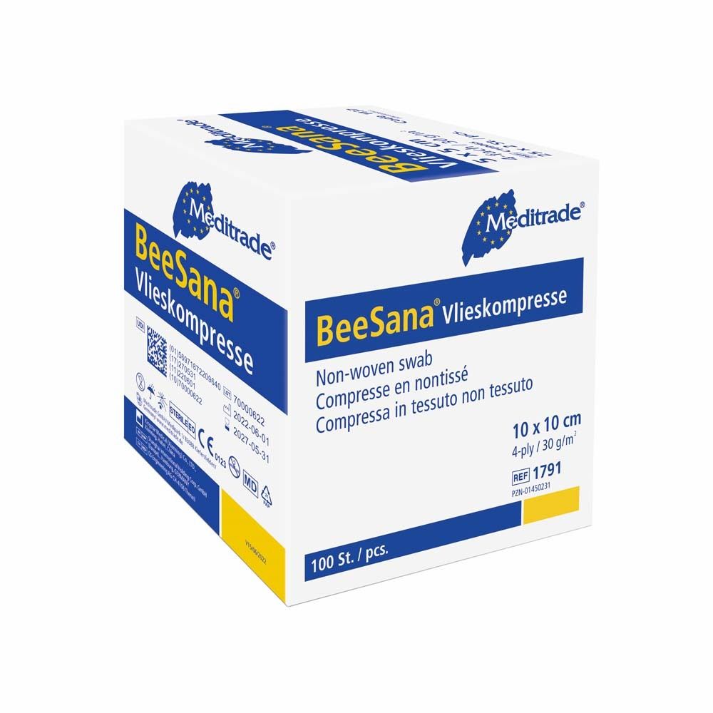Scatola di garze BeeSana. 10x10 cm, 4 strati. Logo Meditrade. 100 pezzi per confezione.